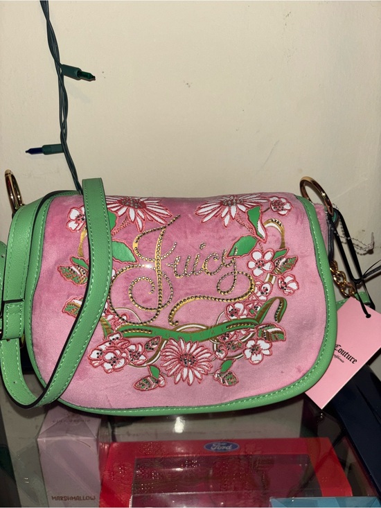 Juicy Couture Handbags - Juicy Couture Pink & Green Embroidered Crossbody Bag